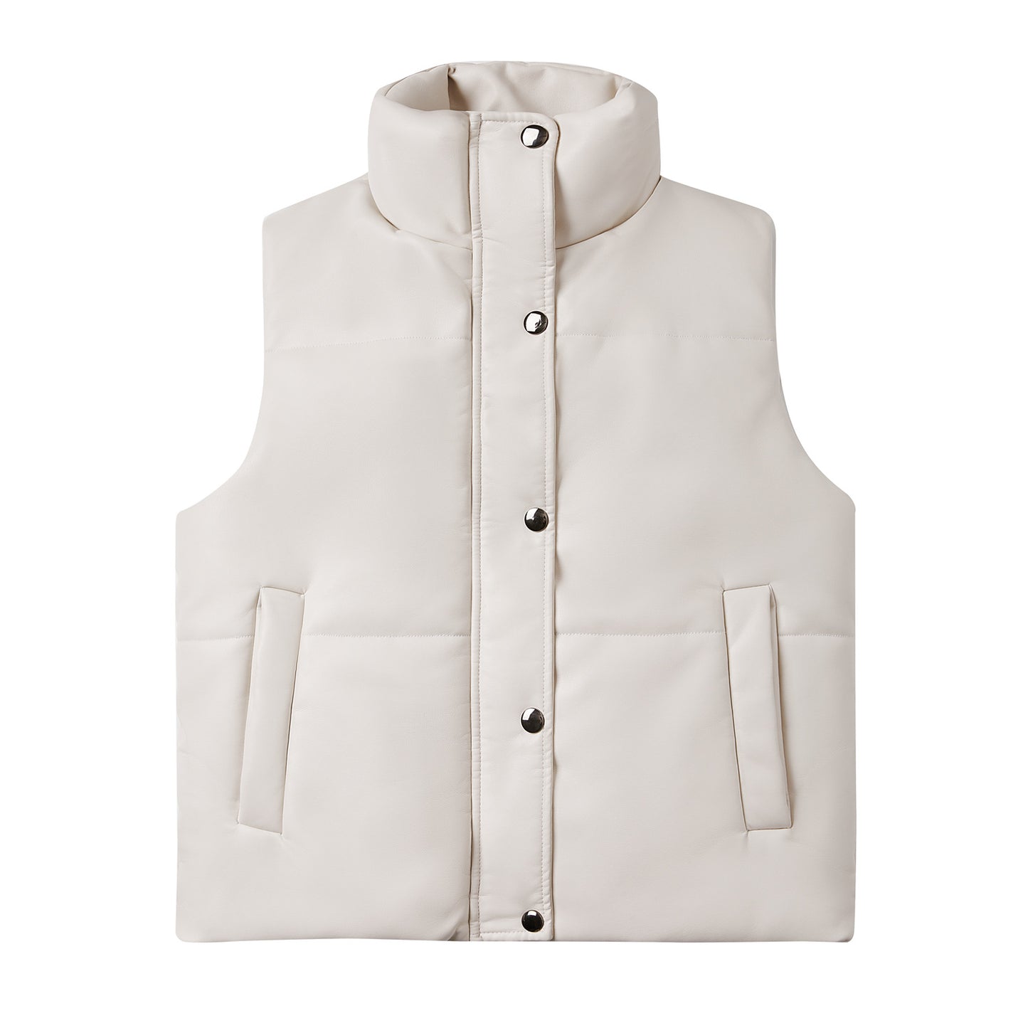 Automne Hiver Femmes Gilet En Cuir Sans Manches Matelassé Zippé Coton Rembourré Veste Col Montant