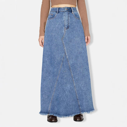 Jupe longue décontractée taille haute en denim rétro pour femme