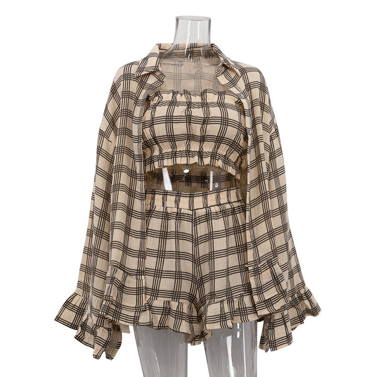 Autumn Retro Loose Outfit Long Sleeve Plaid Shirt Tube Top Shorts Casual Three Piece Suit