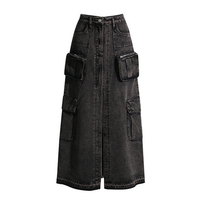 Brand Workwear Bag Skirt High Waist Front Slit Design Denim Solid Color Women Skirt