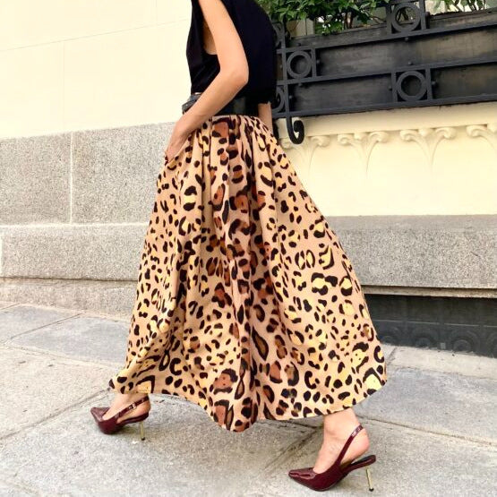 Autumn Winter Leopard Print Elegant Big Hem Skirt