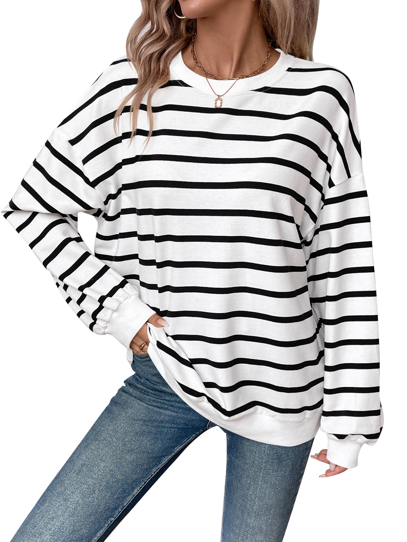 Women Clothing Autumn Winter Oversized Loose Casual Striped Bathroom