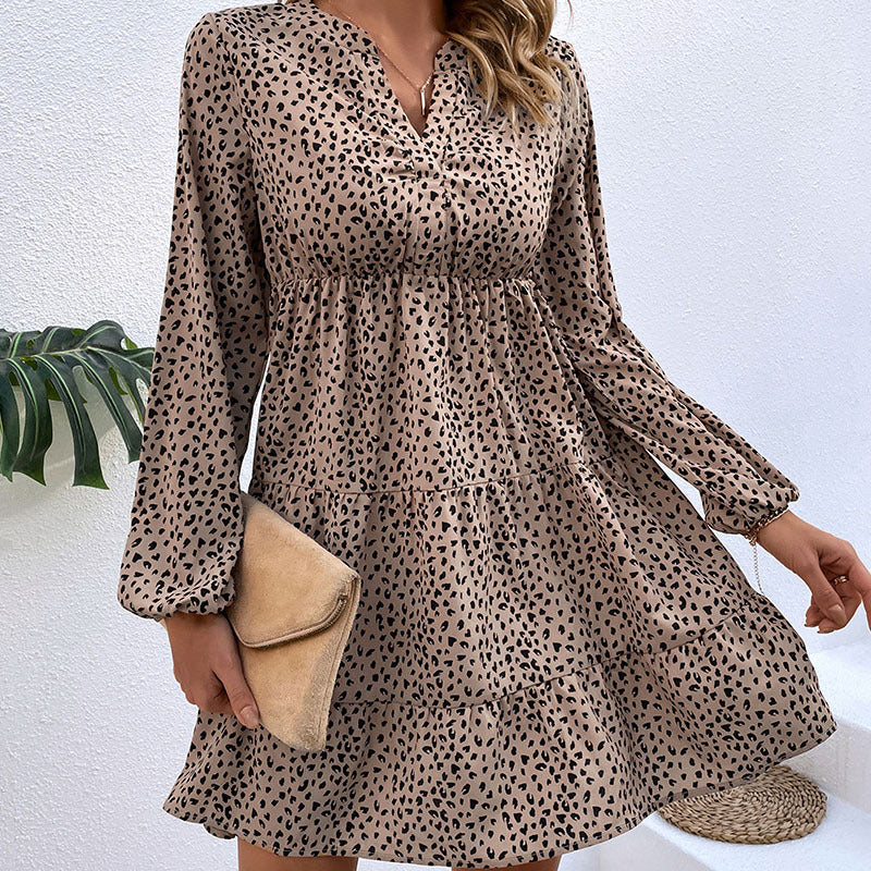 Vestido de manga larga con estampado de leopardo plisado de ropa de primavera para mujer