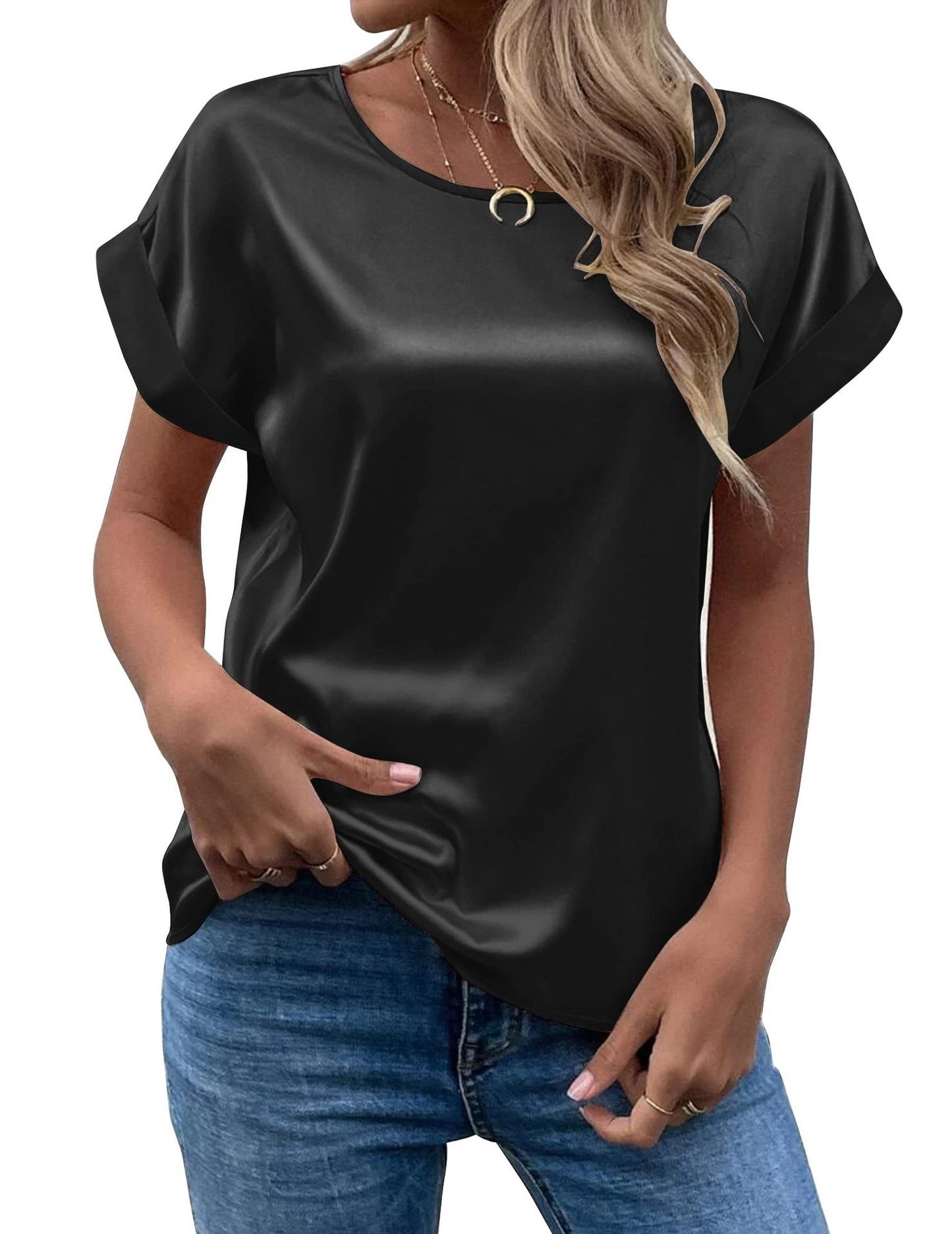 Camiseta recta de mujer con cuello redondo y jersey de satén elegante de oficina de suministro de verano