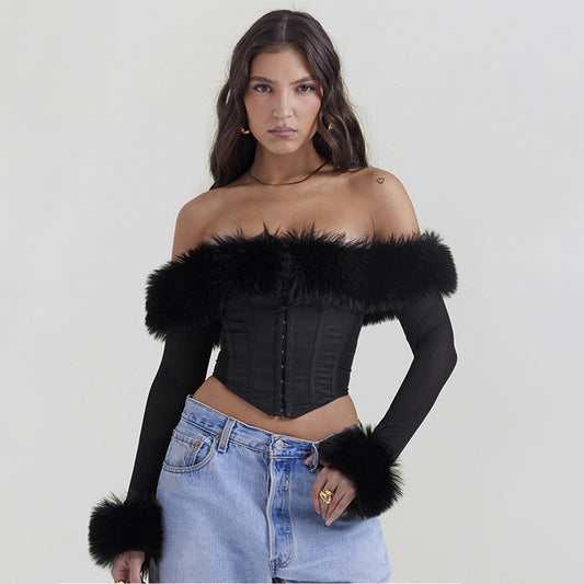 Automne hiver vêtement sexy col en fourrure épaules dénudées désossage Corset à manches longues court haut de taille Slim femmes vêtements