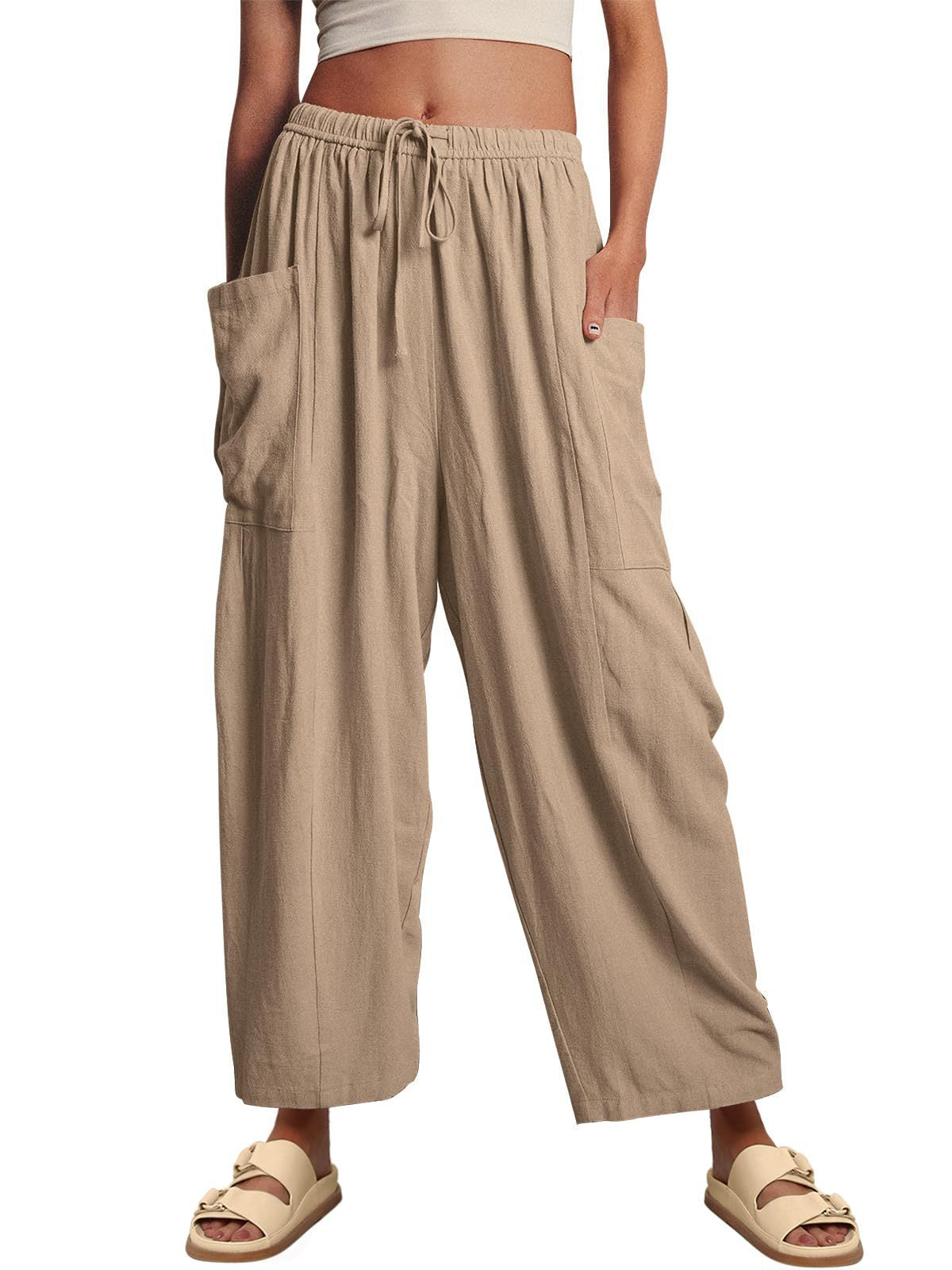 Women Clothing Elastic Waist Pleated High Waist Wide Leg Pants Loose Casual Cotton Linen Trousers