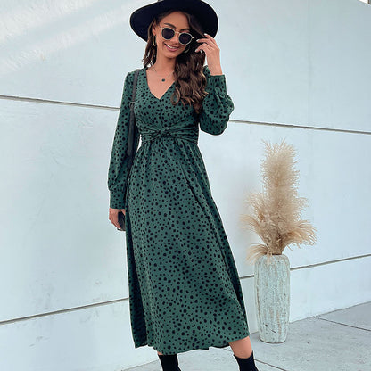 Women Wear Green Long Sleeve Leopard Print Maxi Dress