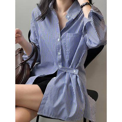 French Minority Striped Shirt Women Autumn Long Sleeve Waist Tight Back Slit Shirt