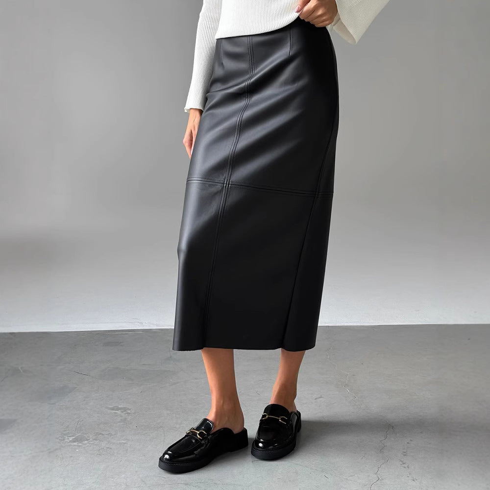 Women Clothing Winter High Waist Slimming Slit Skirt Faux Leather Mid Length Hip Skirt