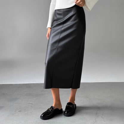 Women Clothing Winter High Waist Slimming Slit Skirt Faux Leather Mid Length Hip Skirt