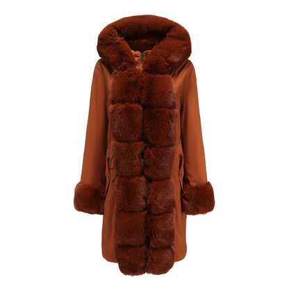 Abrigo de algodón de invierno para mujer, cuello de piel desmontable, largo medio, manga larga, parka, color sólido, con capucha, chaqueta acolchada de algodón cálida