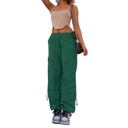 Women Clothing Loose Tied Multi Bag Straight Stretch Workwear Casual Pants