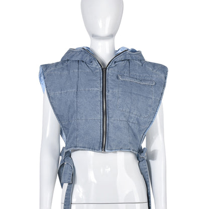 Ropa de mujer Denim acolchado lavado con capucha sin mangas ropa de trabajo chaleco corto