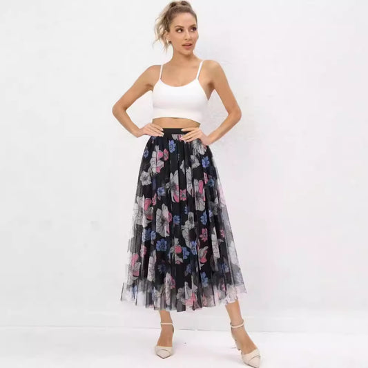 Falda de malla estampada de alta gama para mujer, vestido escalonado, falda midi holgada con dobladillo ancho