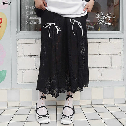 Fashionable Pure Sweet Spicy Bow Decoration Solid Color Lace Skirt Summer