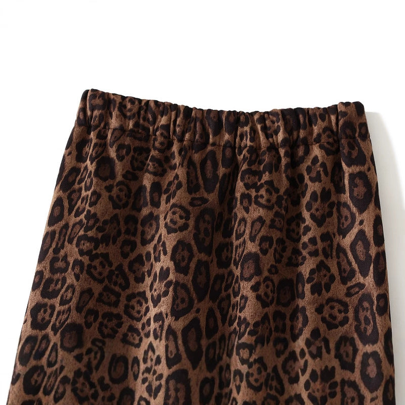 Autumn Faux Suede Elastic Waist Leopard Print Skirt Hip Lifting Hide Meat Hip Skirt