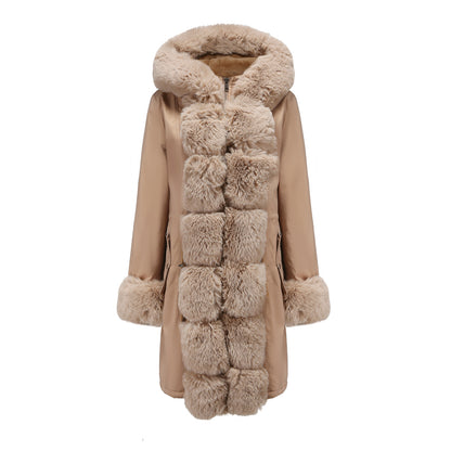 Abrigo de algodón de invierno para mujer, cuello de piel desmontable, largo medio, manga larga, parka, color sólido, con capucha, chaqueta acolchada de algodón cálida