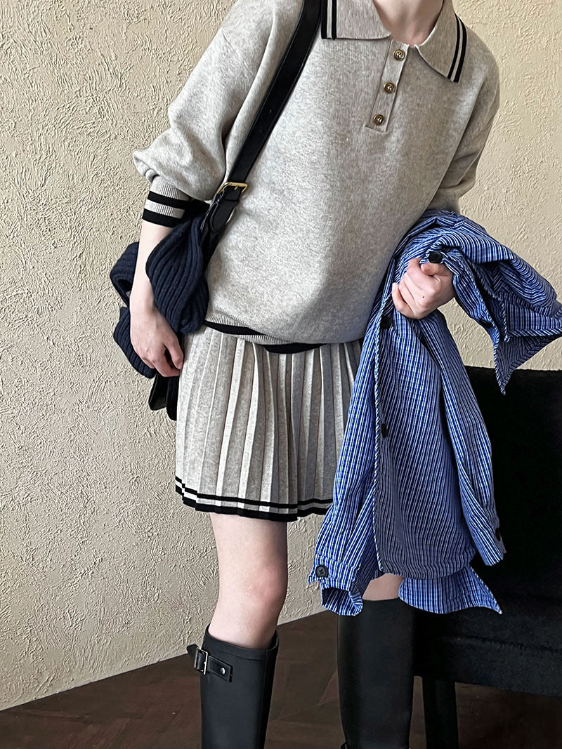 College Polo Collar Sweater High Waist Pleated Half Length Skirt Sets Women Winter