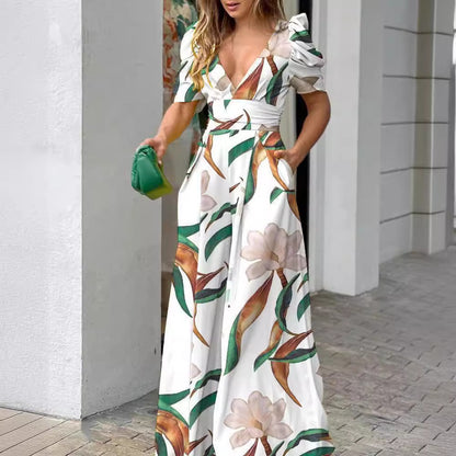 Women Clothing Printed V neck Nipped Waist Trousers Short Sleeved Jumpsuit