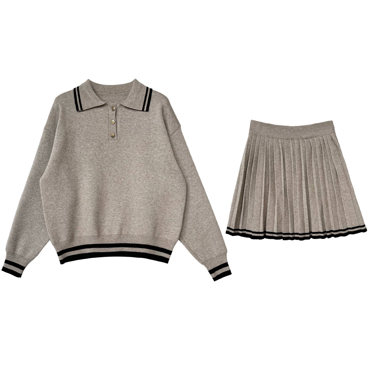 College Polo Collar Sweater High Waist Pleated Half Length Skirt Sets Women Winter