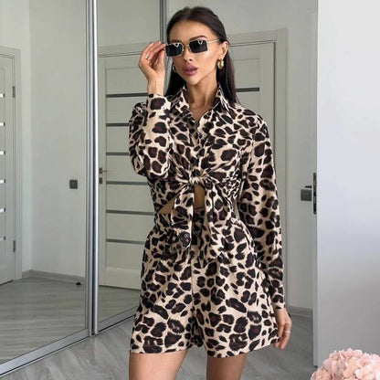 Verano Mujer estampado de leopardo manga larga cárdigan camisa mujeres pantalones cortos conjunto de dos piezas para mujeres