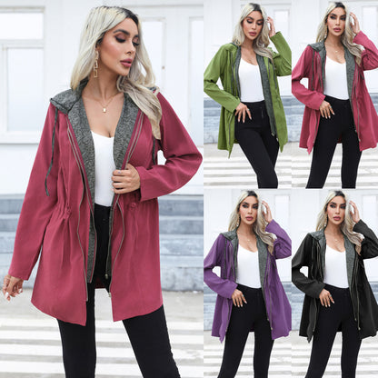 Women Clothing Casual Waist Tight Double Zipper Contrast Color Coat Mid Length Long Sleeve Hood Windbreaker Explosion