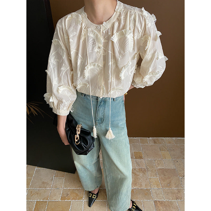 Chinese Fan-Shaped Zen Three Dimensional Embroidered Crew Neck Tassel Shirt Early Spring