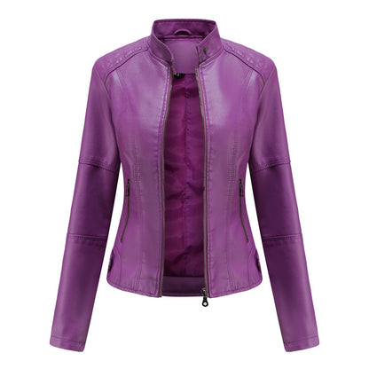 Chaqueta de cuero para mujer, chaqueta fina para mujer, abrigo fino para primavera y otoño, ropa de moto para mujer, chaqueta de cuero con cuello alto