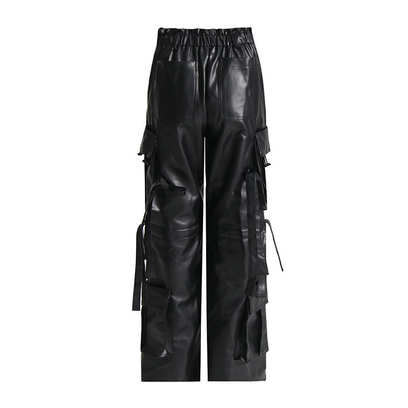 Autumn Minority Multi Pocket Design Faux Leather Overalls Trendy High Waist Straight Leg Pants