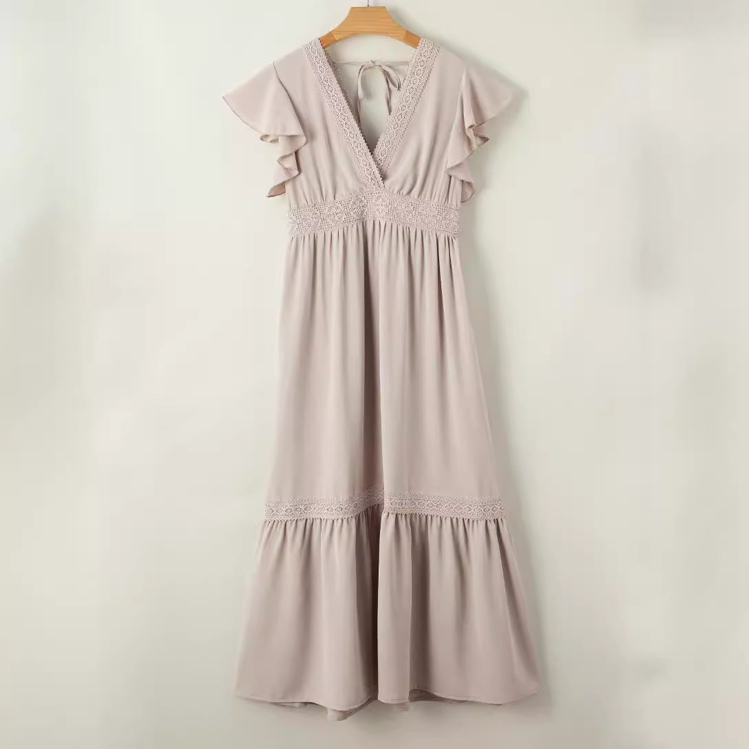 Robe longue d'été pour femmes, tenue de bureau, taille haute, col en V, manches courtes, volants