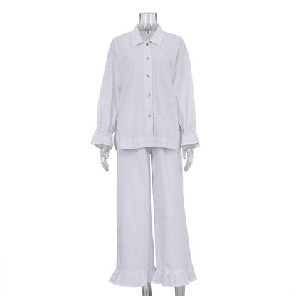 Costume décontracté en coton pour femmes, chemise et pantalon à manches cloche, Design français, deux pièces, printemps automne