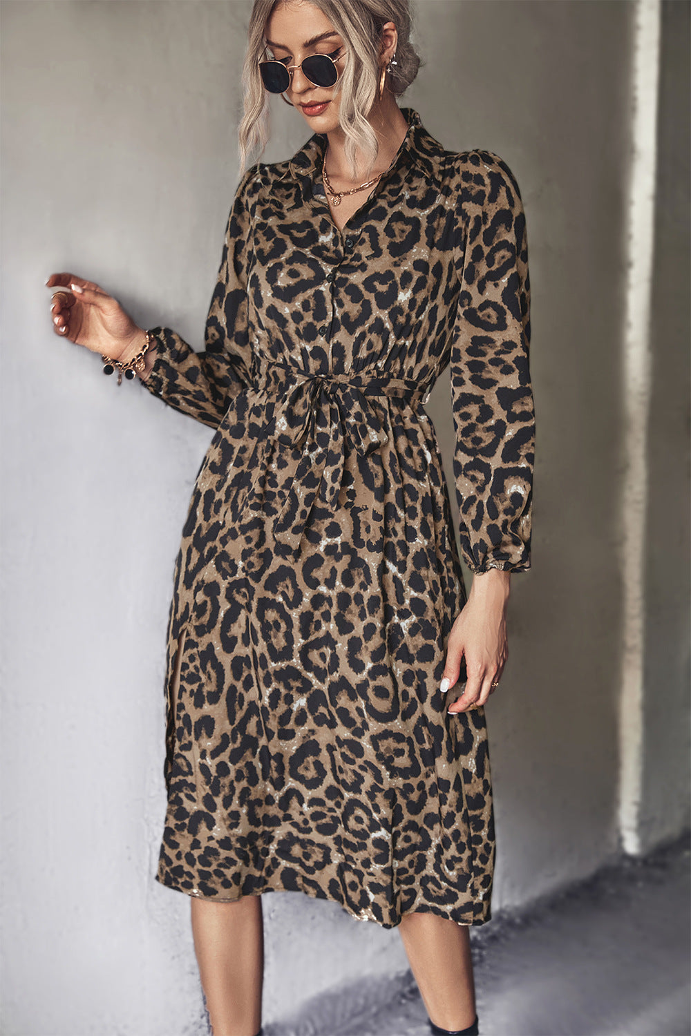 Autumn Winter Women Clothing Classic Sexy Leopard Print Long Sleeve Split Dress