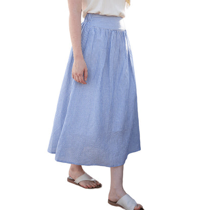 Summer Sky Blue Striped Tencel Linen Skirt Women Simple Loose Elastic Waist Mid-Length Skirt Women