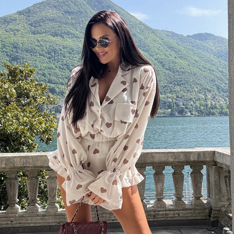 Autumn Long Sleeve Heart Printing Shirt Shorts Two Piece Set Loose Women