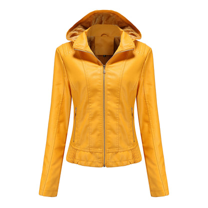 Manteau en cuir à capuche automne-hiver pour femme, chapeau amovible, manches longues, fermeture éclair, doublure polaire, veste en cuir, manteau mince