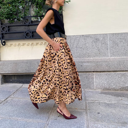 Autumn Winter Leopard Print Elegant Big Hem Skirt