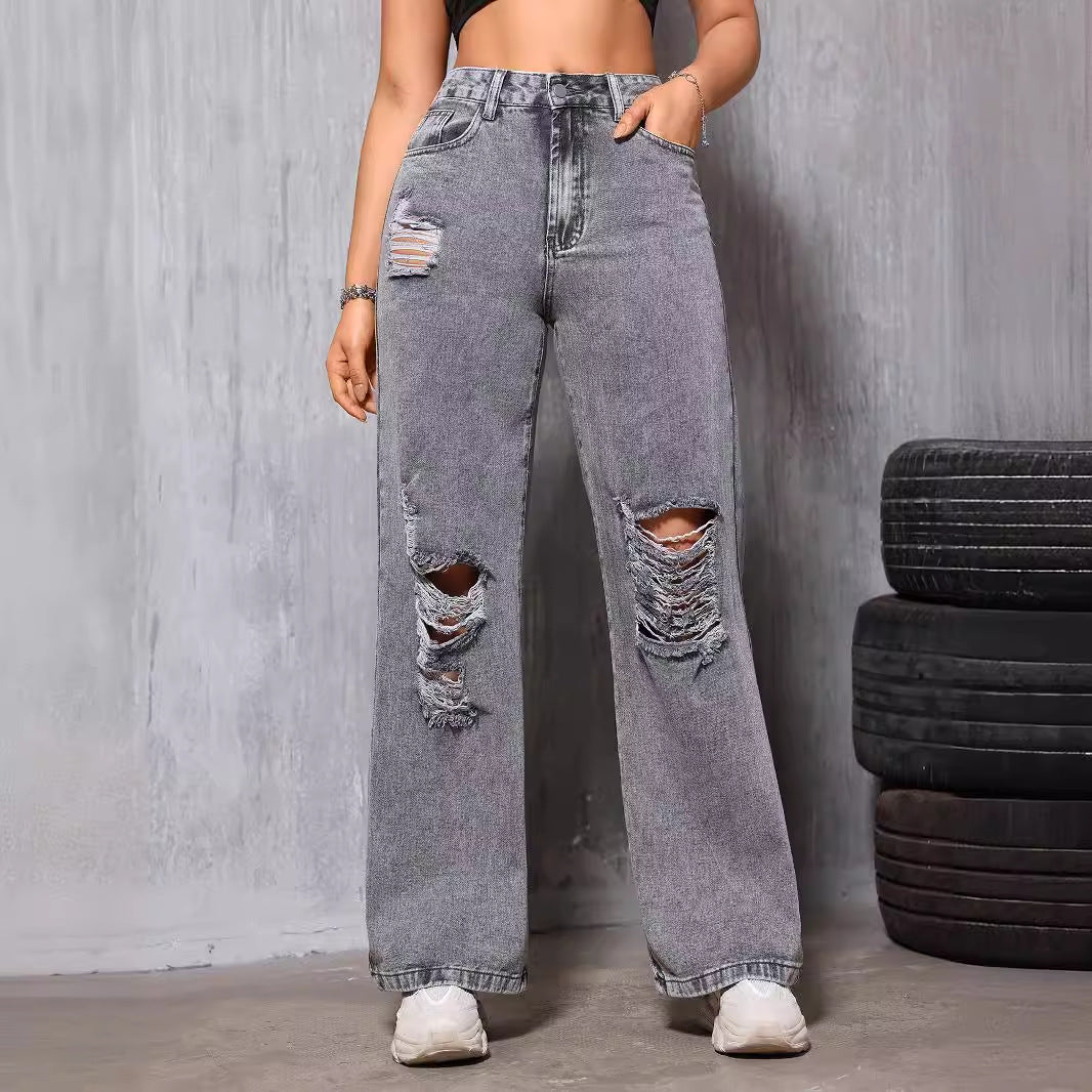 Pantalones de pierna recta para mujer Denim con agujero lavado desgastado calle adelgazamiento Casual años primavera verano