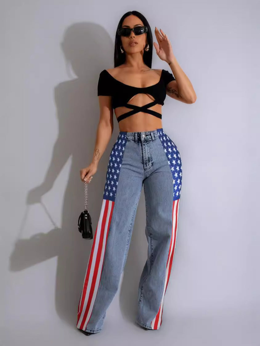 Pantalon en denim extensible à jambe large et imprimé drapeau pour femme, jean droit décontracté à taille haute