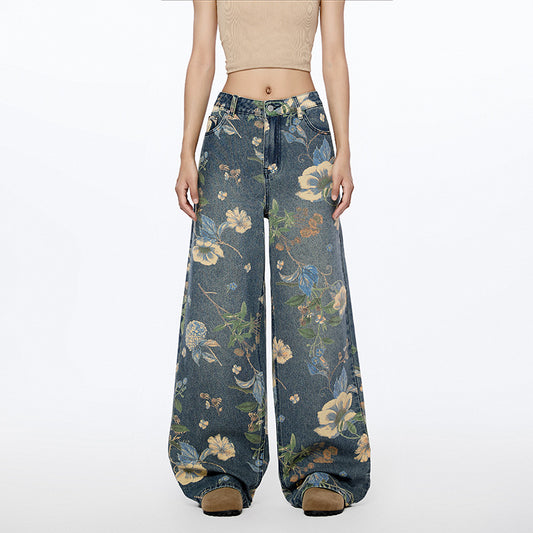 Women Same High Street Floral Wide Leg Jeans Printed Loose Fitting Nine One Mouth Two Leg Mop Pants