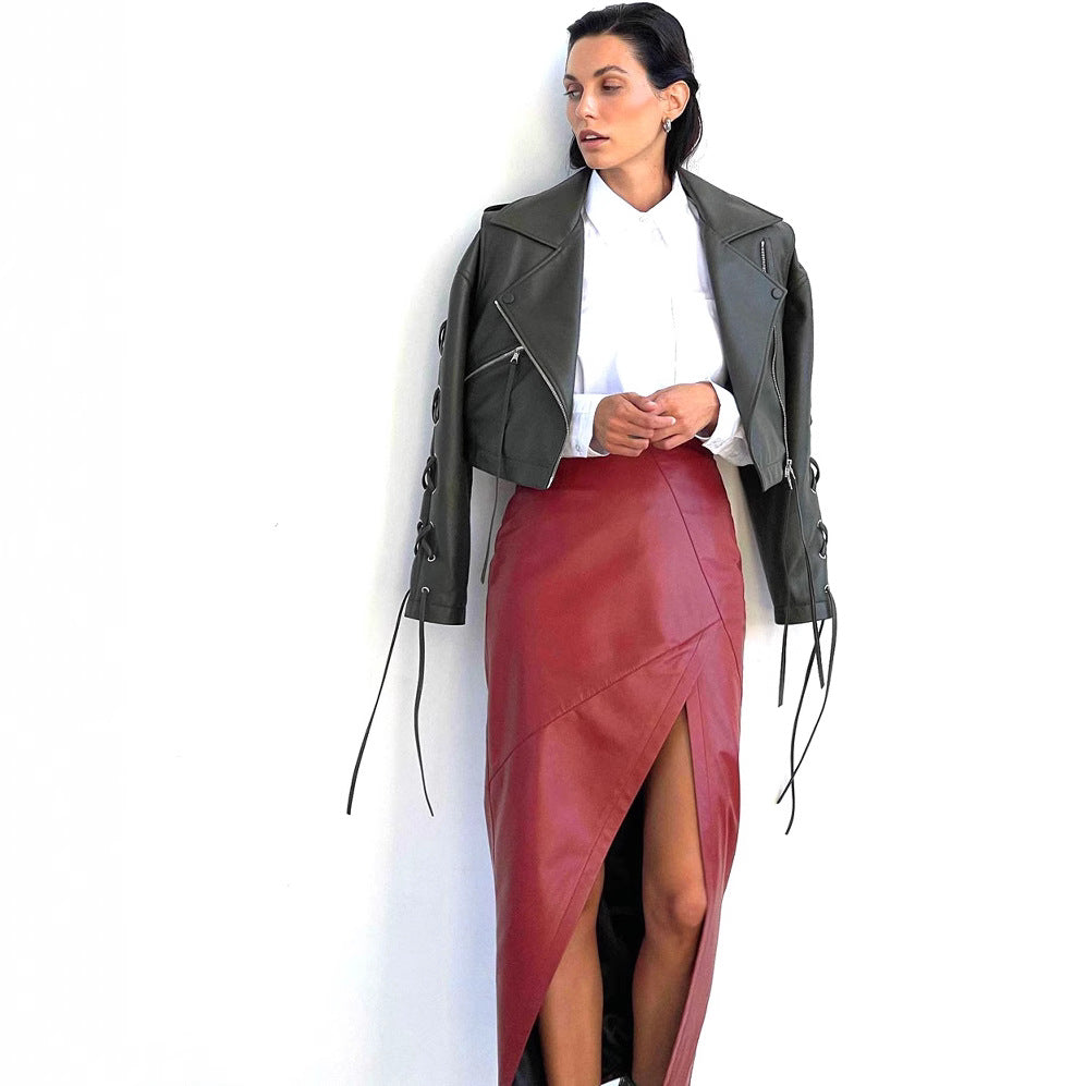 Women Clothing Autumn High Waist Slim Fit Slit Skirt Irregular Asymmetric Leather Skirt