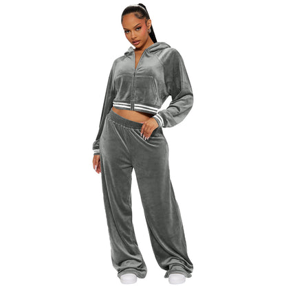 Women Clothing Non Inverted Velvet Thread Hoodie Two Piece Set