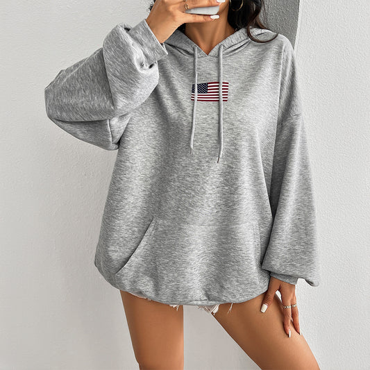 Autumn Winter Independence Day Casual Loose Pockets Lace up Hooded Sweaters Women Clothing