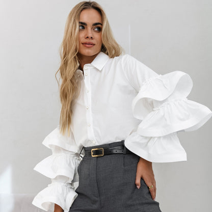 Camisa blanca elegante de manga larga con volantes para mujer otoño