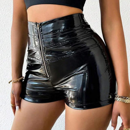 Fall Women Clothing Faux Leather Mirror High Waist Elastic Stitching Metal Zipper Shorts