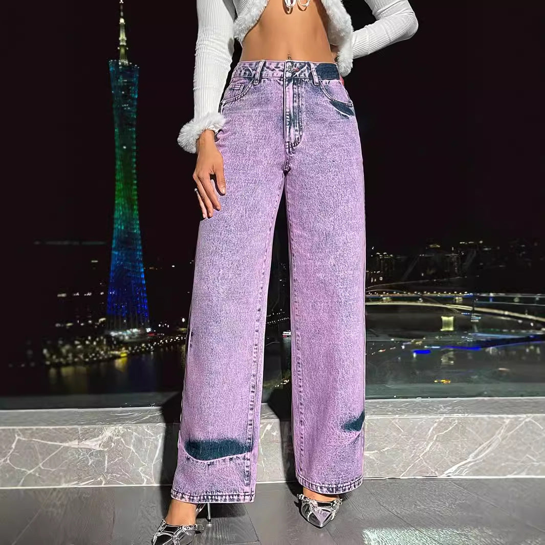 Women Clothing Retro Casual High Waist Wide Leg Straight Denim Trousers