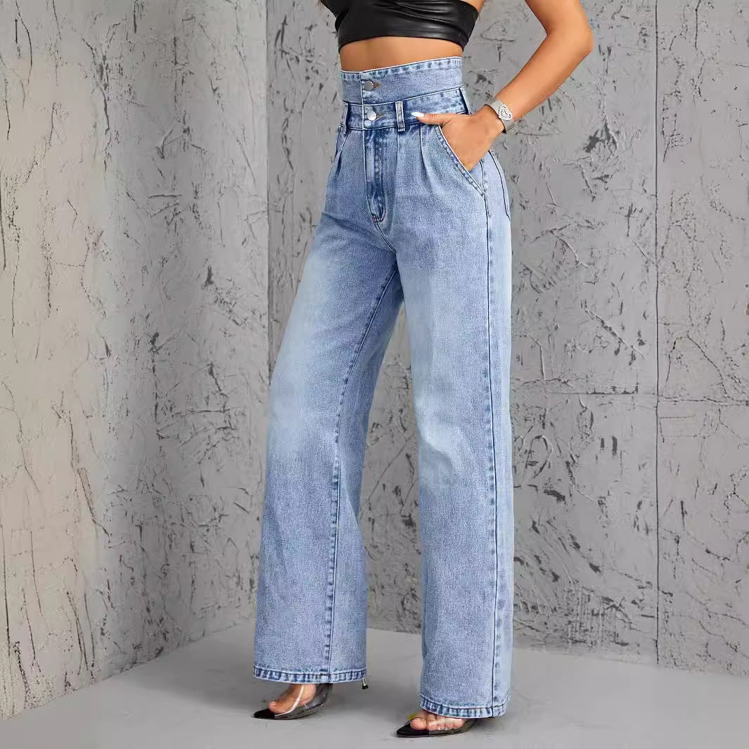 Women Clothing Straight Loose High Waist Denim Trousers