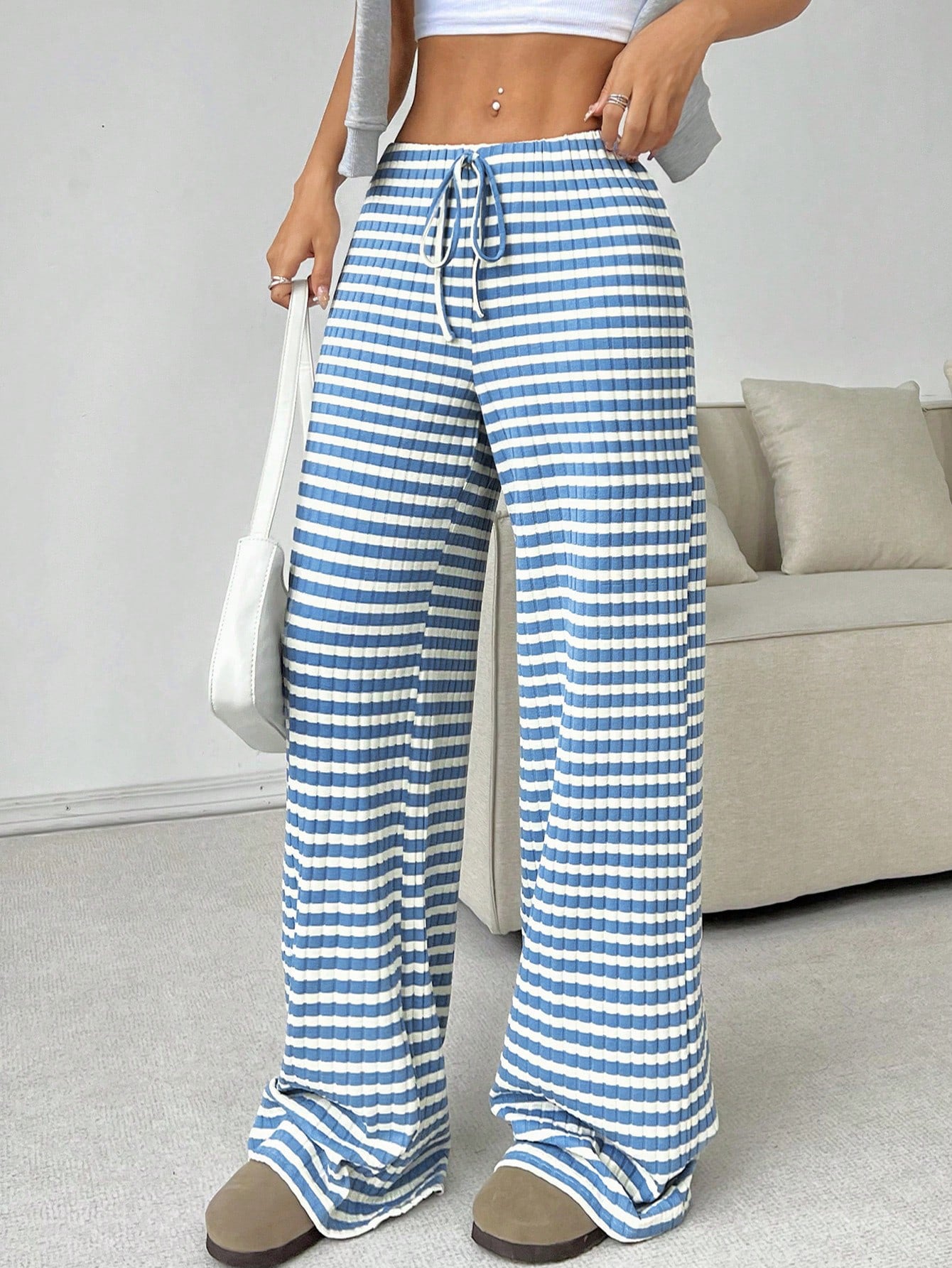 Autumn Winter Women Casual Striped Solid Color Rubber Band Drawstring Straight Leg Pants