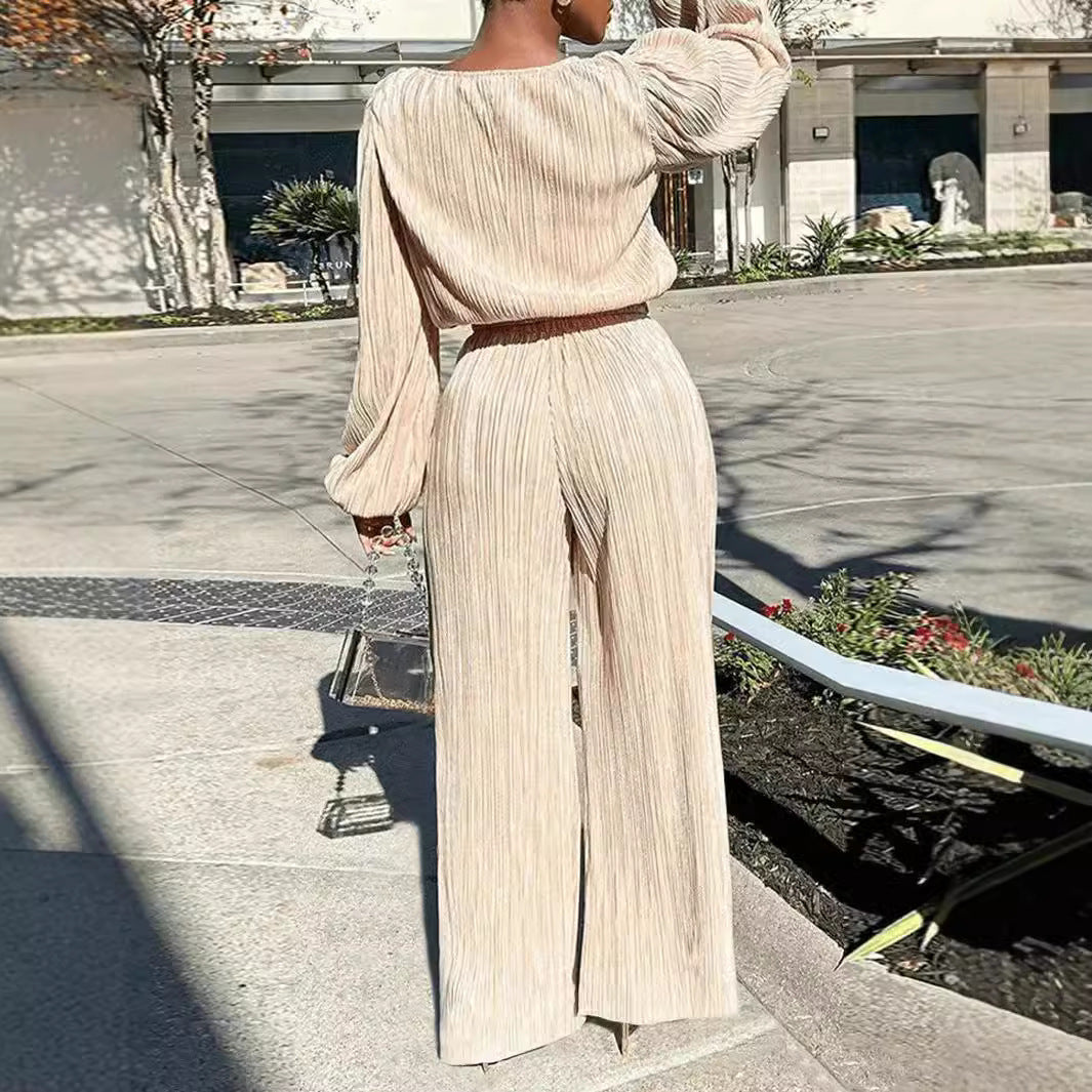 Women Clothing Out Nightclub Loose Casual Pleated Waist Tight Straight Leg Pants Long Sleeve Top Suit