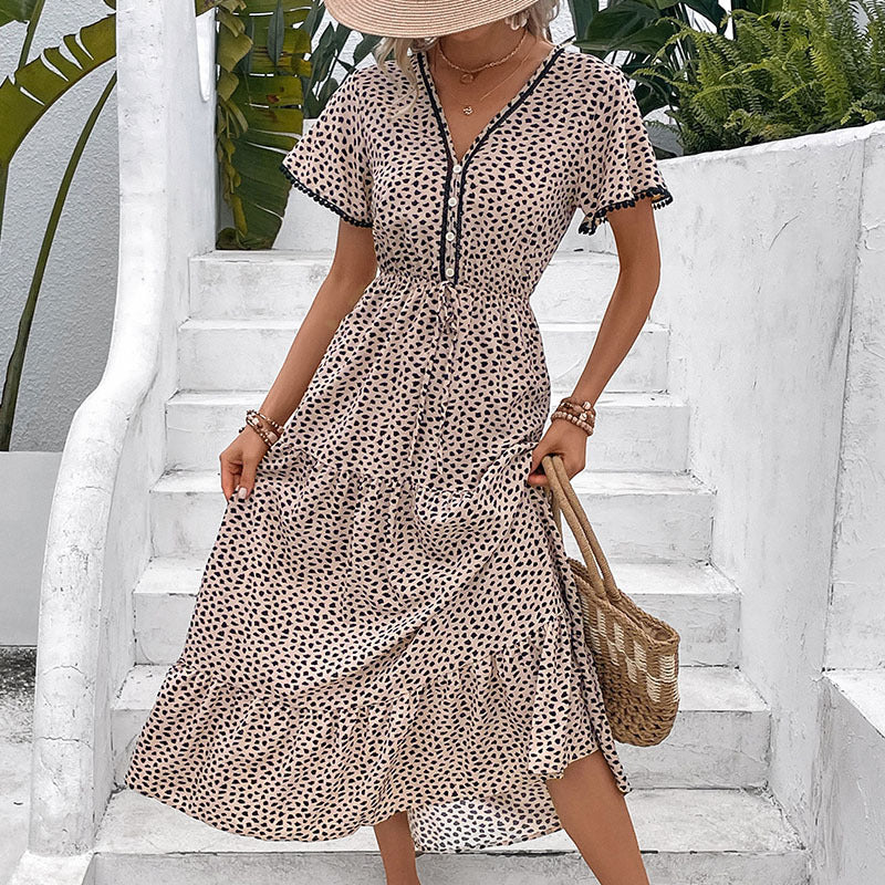 Vestido midi con estampado de leopardo de manga corta de verano para mujer