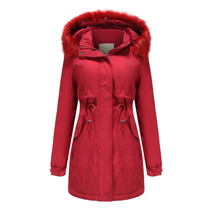 Abrigo acolchado de algodón para mujer, cuello de piel desmontable, gorro desmontable, parka acolchada para mujer